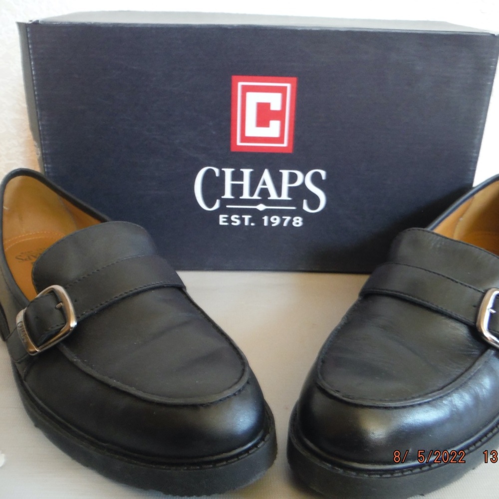 RALPH LAUREN "WILDER" Shoes by CHAPS Men's 11D Black Leather Loafers W/ Buckle